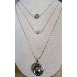 Swarovski Triple Strand Pendant Faux Pearl Crystal Necklace Swan Signed